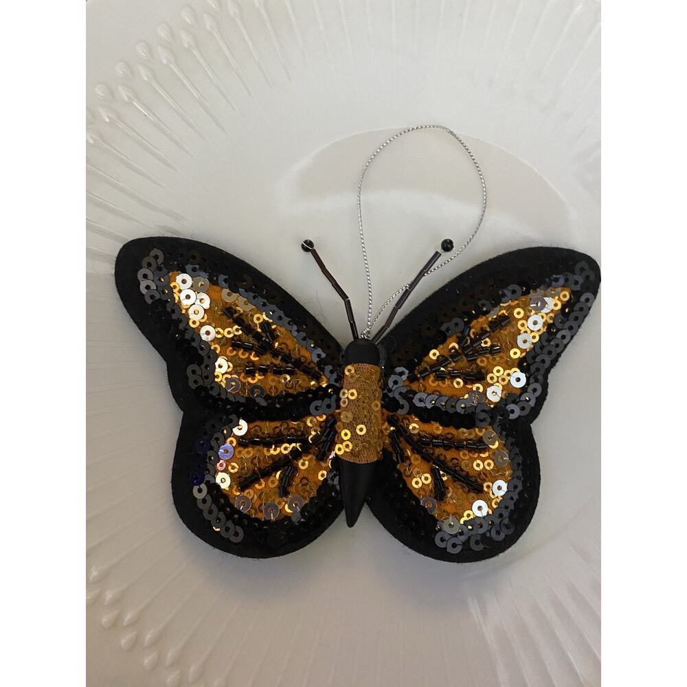 Vintage Sequin Monarch Butterfly Applique 5.5" X 4" 1980's Felt Backed Hang Cord